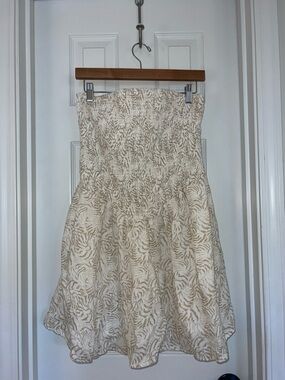 Universal Thread Cream and Tan Strapless Smocked Mini Dress with Leaf Jacquard